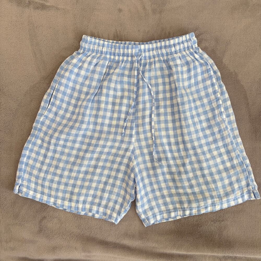 Frankies Bikinis Lou Linen Shorts M Blue White Gingham High Waist Coastal